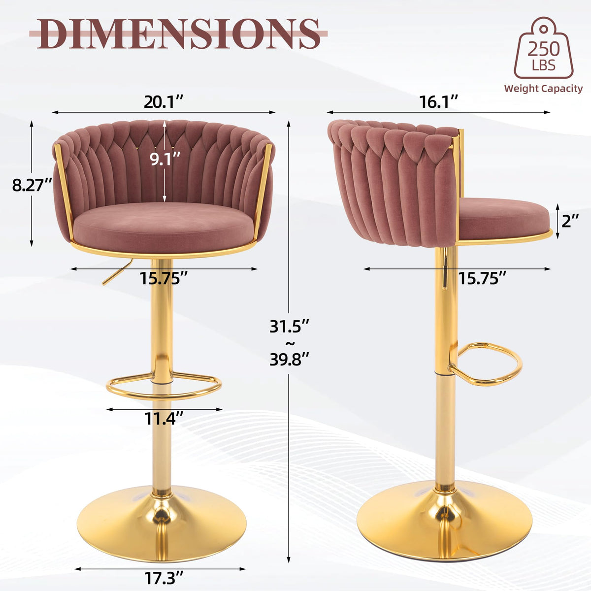 Gold Bar Stool Set of 6, Velvet Swivel Barstools, Height Adjustable Counter Stools with Woven Backrest, Upholstered