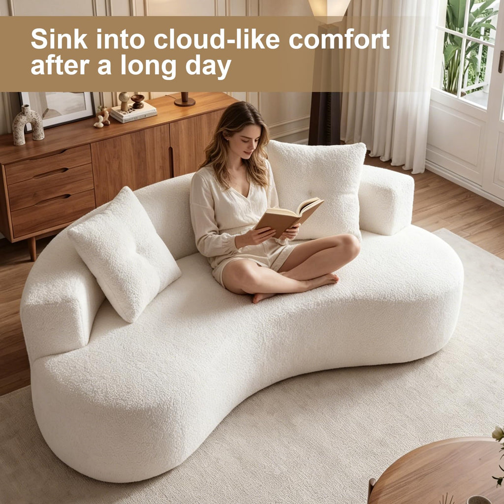 Boucle Curved 79.5" with 2 Pillows, 3-Seater White Couch