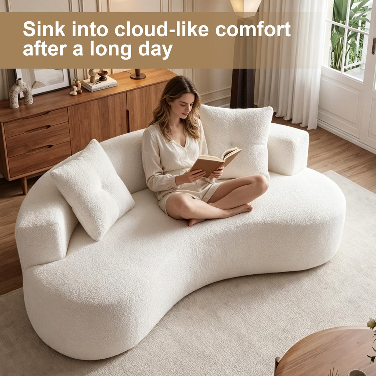 Boucle Curved 79.5" with 2 Pillows, 3-Seater White Couch