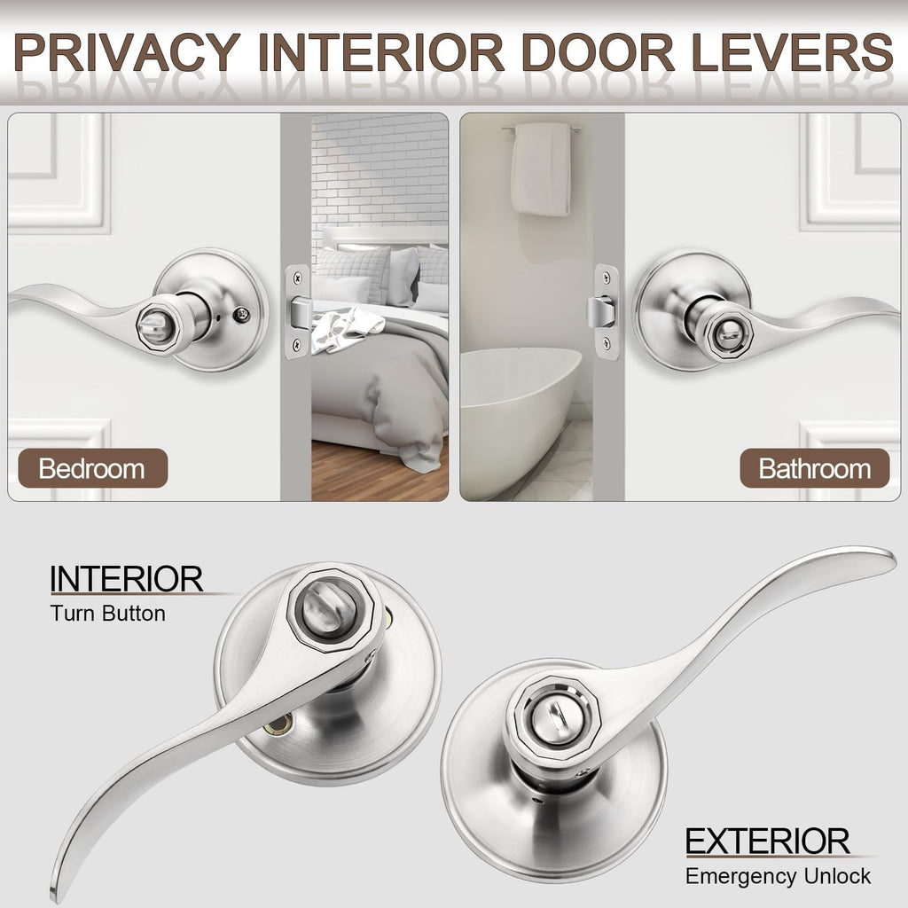 6 Pack Door Handles Privacy Door Levers, Heavy Duty Wave Style Bed/Bath Door Locks Interior Door Knobs, Reversible