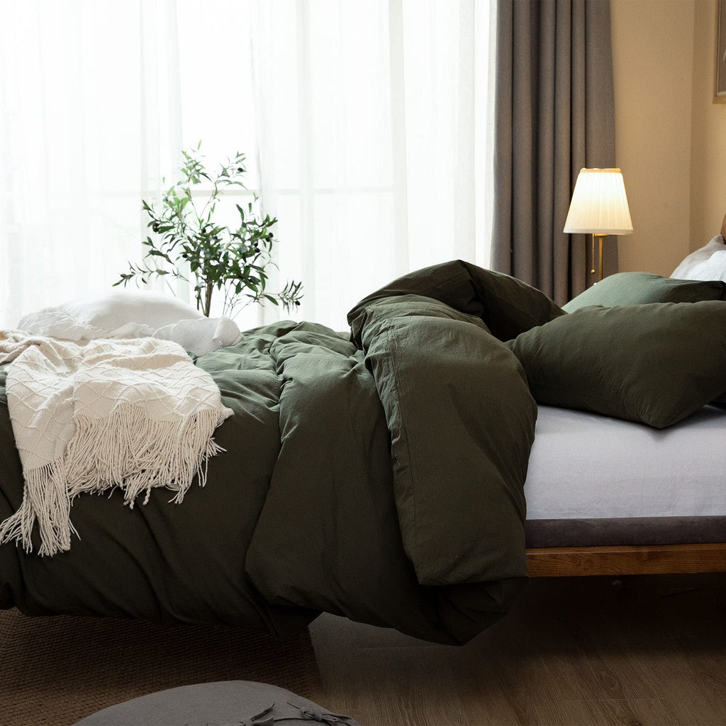 Dark Green Duvet Cover, 100% Washed Cotton Linen Like Textured Green Bedding Set, 1 Duvet Cover with 2