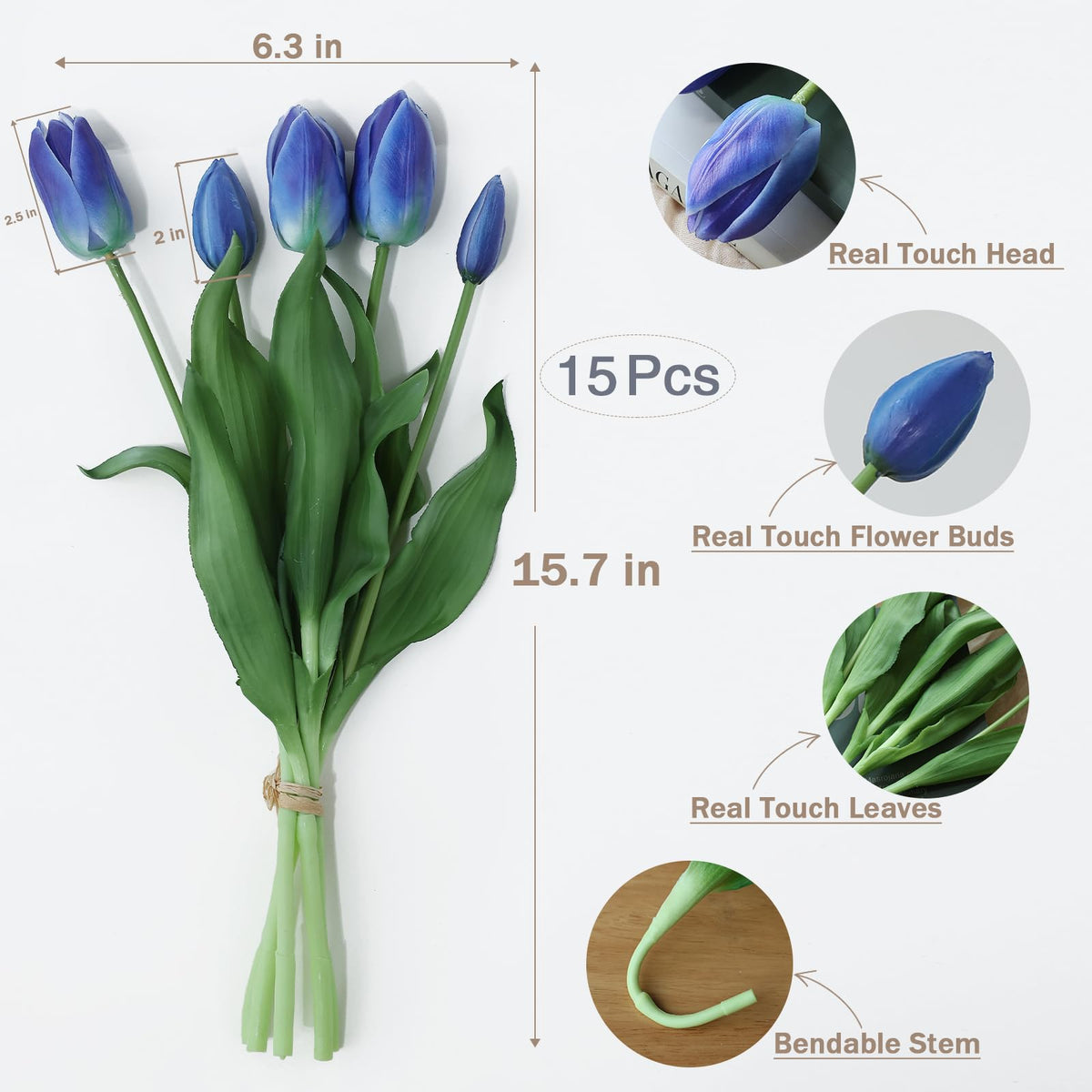 15Pcs Blue Tulips Artificial Flowers Latex Plastic Real Touch Fake Tulips Flowers Look Real Faux Tulip Flower Bouquet