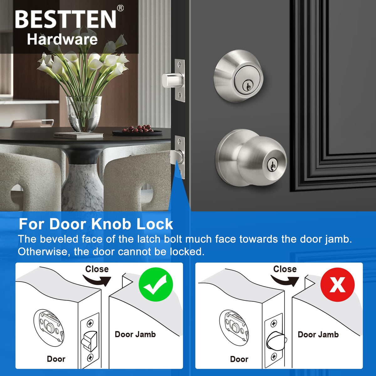Keyed Same Exterior Door Knob and Single Cylinder Deadbolt Combo Set, Keyed Alike Entry Door Knobs with Lock and Keys