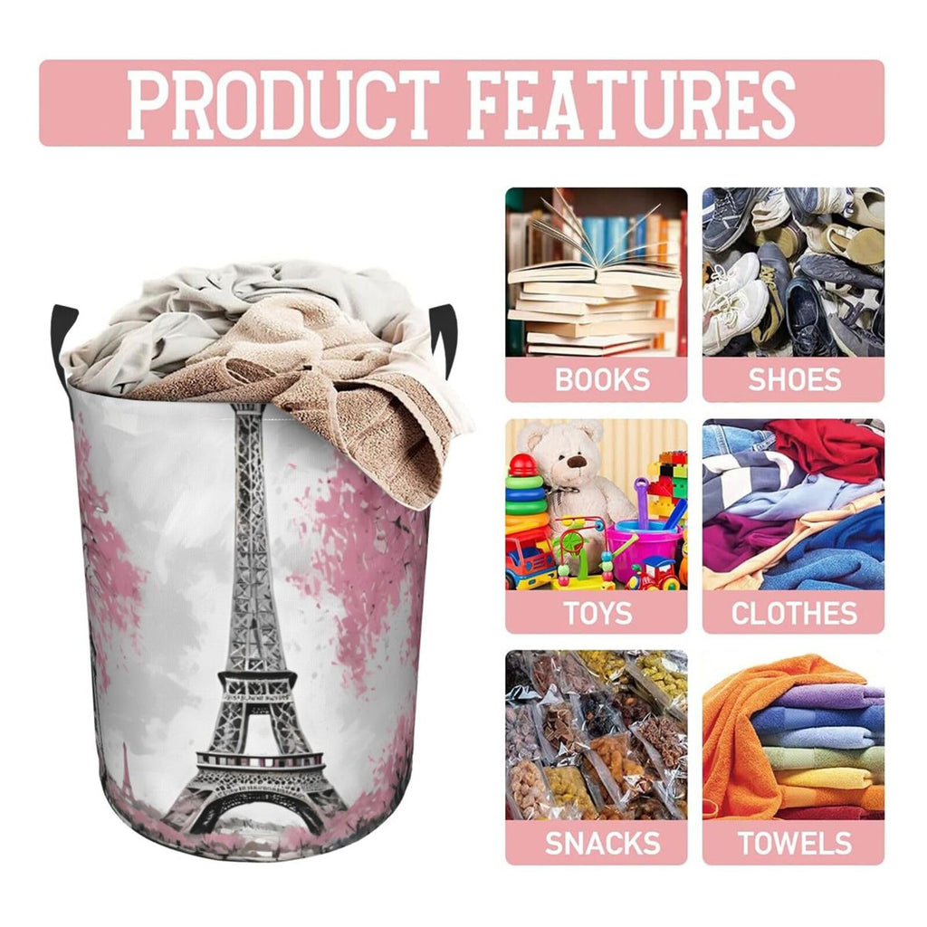 62l Round Laundry Hamper Retro Paris Eiffel Tower Storage Basket Waterproof Coating Organizer Bin Clothes Toys