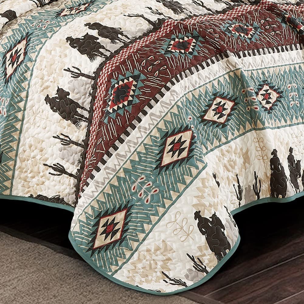 WPM Western Teal/Beige/Burgundy Cowboy Desert Southwestern Print Bedspread 3 Piece west Theme Cabin Lodge Ranch