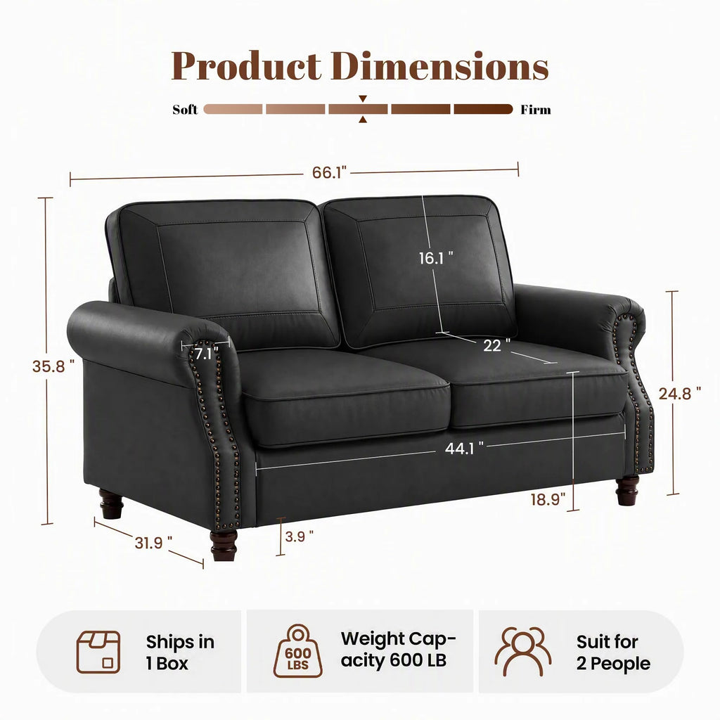 Faux Leather Loveseat Sofa with Rolled Arms, Black