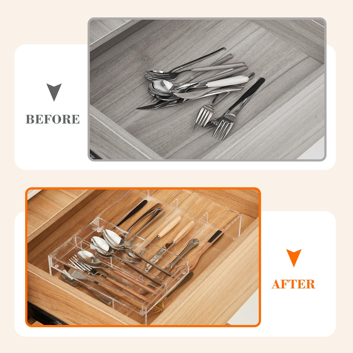 2 Layer Acrylic Deep Kitchen Utensil Drawer Organizer for Flatware Utensils