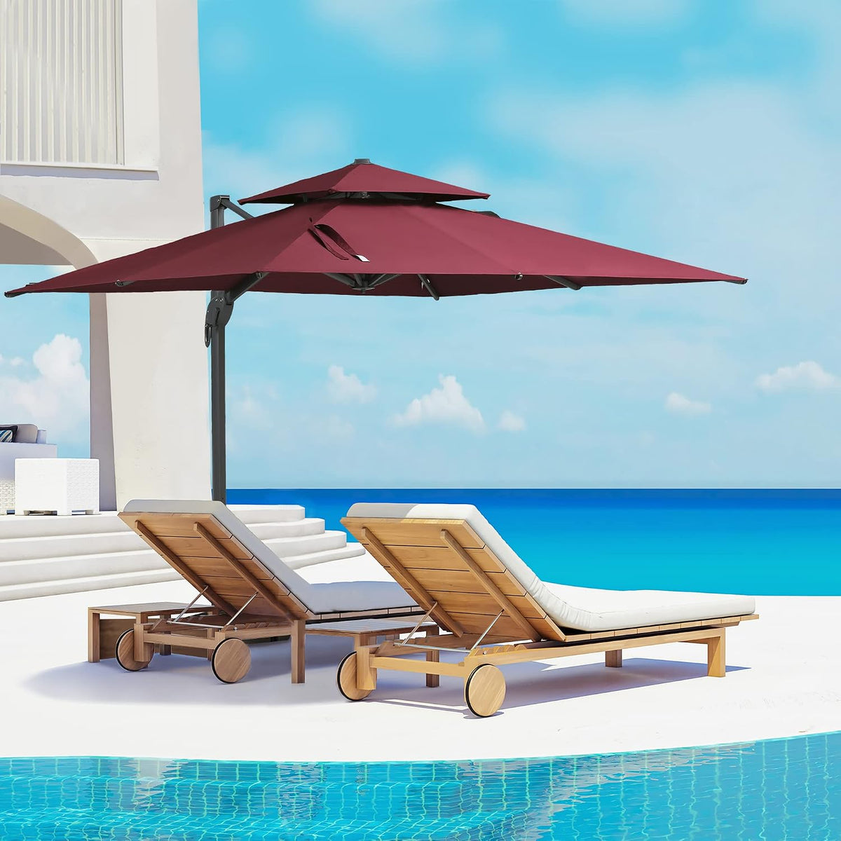 10ft Offset Patio Umbrella, Hanging Cantilever Umbrella, Square Shape, Aluminum Cross Base, Tilt, 360-Degree Rotation