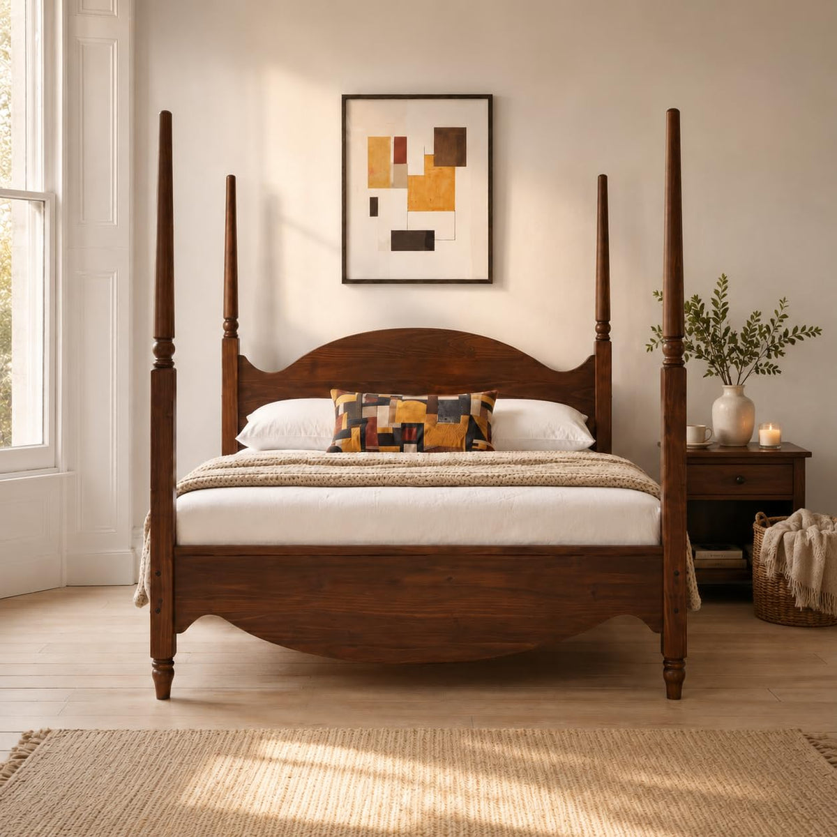 Brixton Solid Pine Wood Four-Poster Bed, Arched Headboard, Walnut