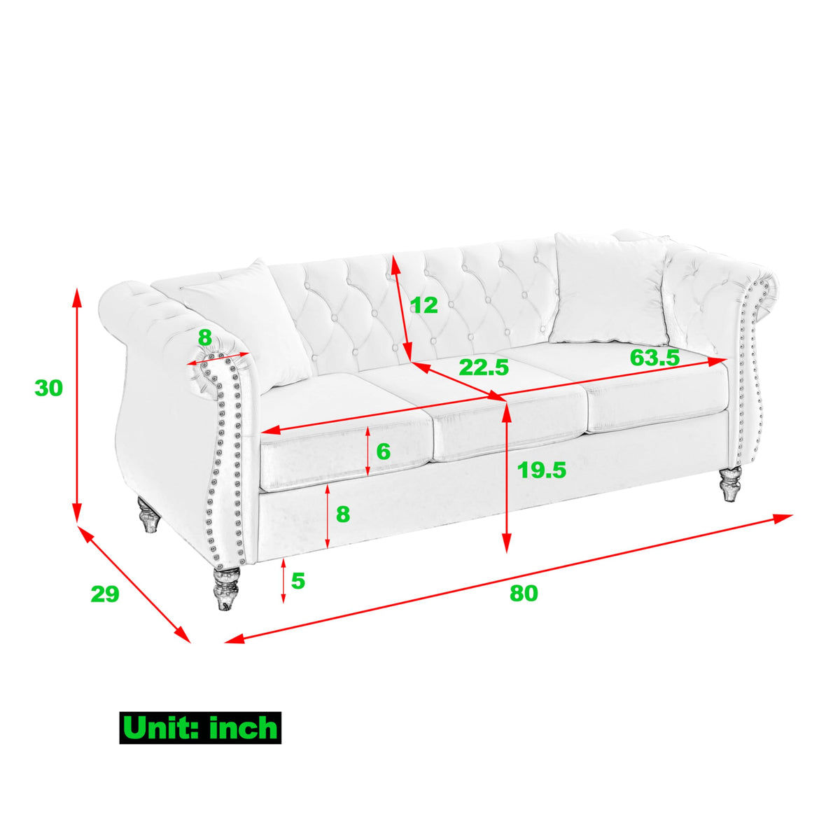 Chesterfield Sofa, Retro Style Upholstered 3+3 Seats Couch with Rolled Arm Bedroom Office, Grey