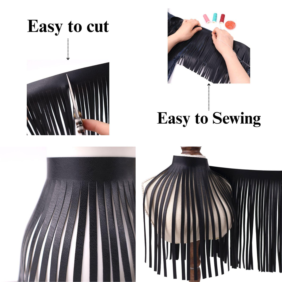PU Leather Fringe Trim, Western Suede 8 Inch Tassel Fringe for Sewing & Crafts, Boho Cowgirl Biker-Style Trim