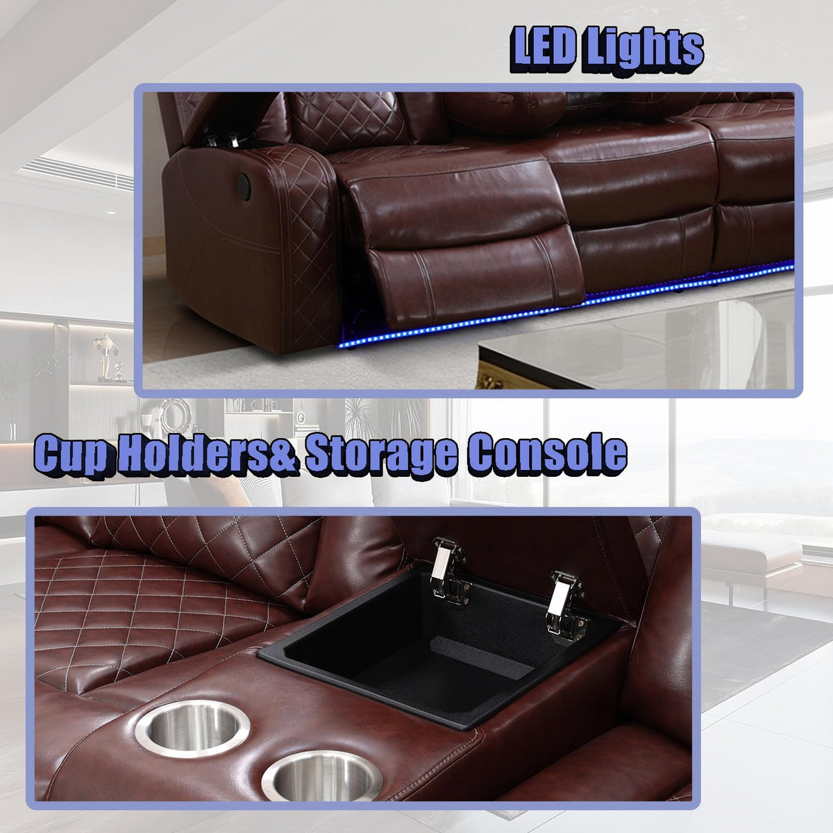Leather Sectional 3-Piece Living Room Furniture Sets with LED Light