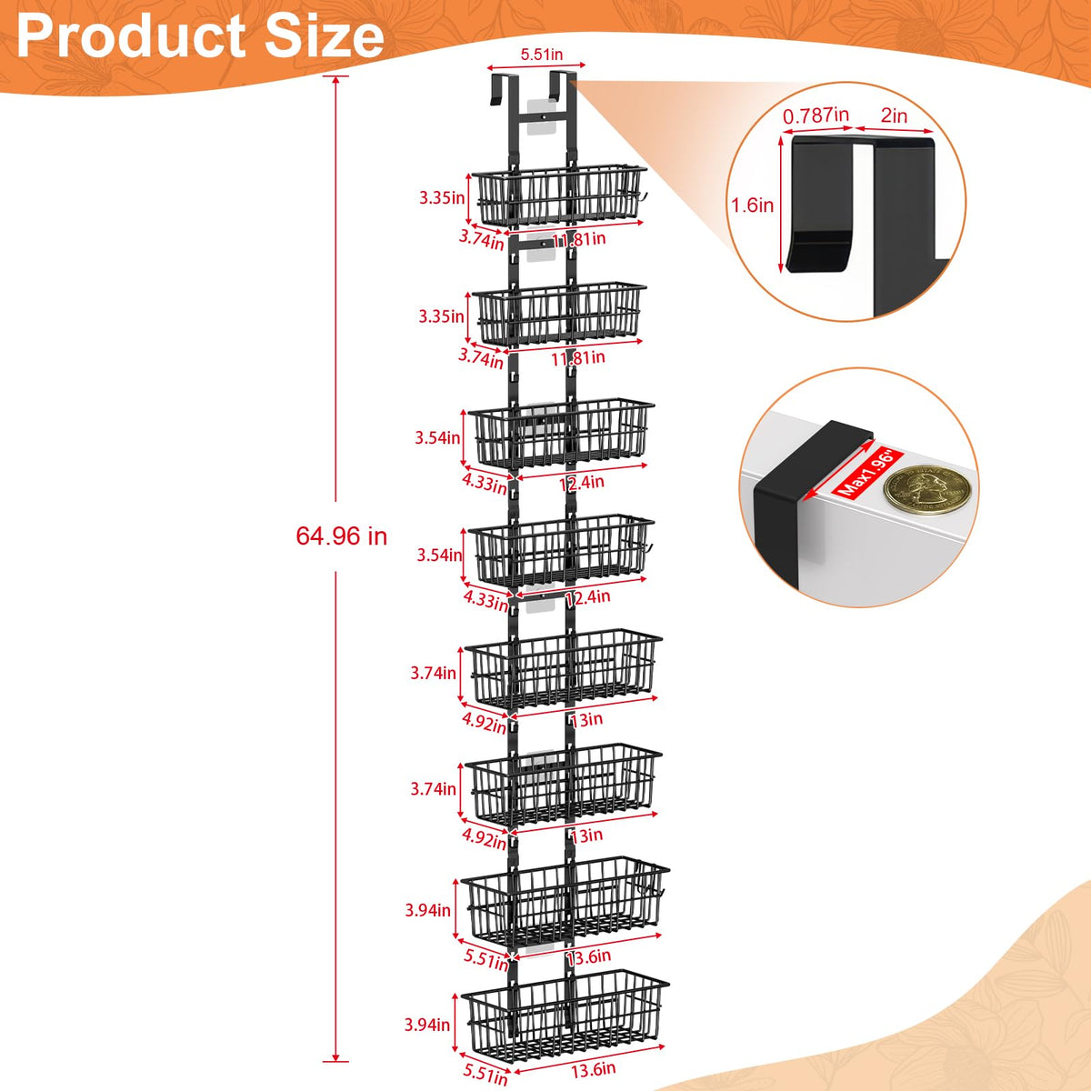 8 Tier Over The Door Organizer, Adjustable Hanging Door Organizer with 8 Wire Baskets 6 Hooks, Behind The Door