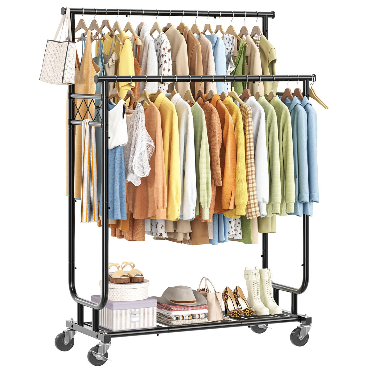 Heavy Duty Clothes Rack, Rolling Clothing Rack With Shelves Load 450 LBS, Double Rod Clothing Racks with Wheels for