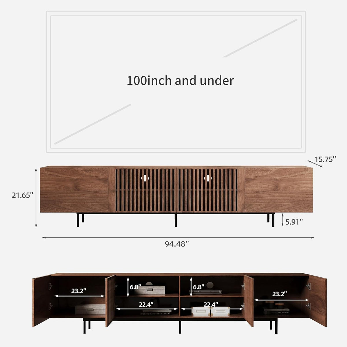 Mid Century Modern TV Stand with 4 Doors, 94.48 Inch Wide Entertainment Center TV Console for Living Room Bedroom