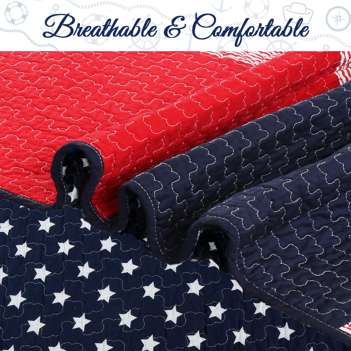 100% Cotton Sailor Navy Blue Star Striped Print Cotton Reversible Bedding Quilt Set (Patriotic Patchwork)