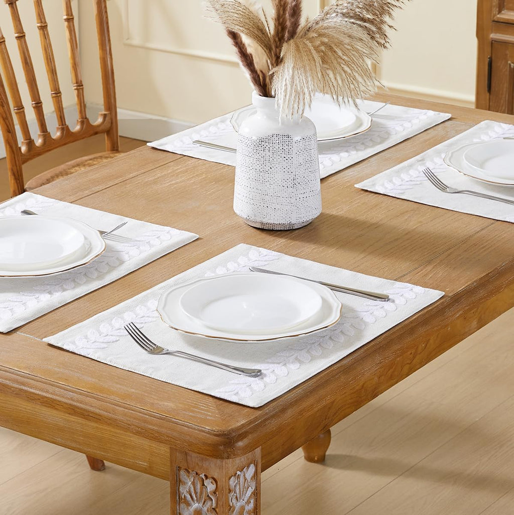 Embroidered Place Mats, White Rustic Placemats Set of 4