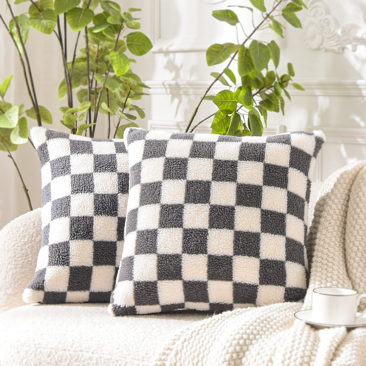 Decorative Throw Pillow Covers - Soft Sherpa Checkerboard Cushion Covers Faux Fur Pillow Cases for Sofa Bedroom