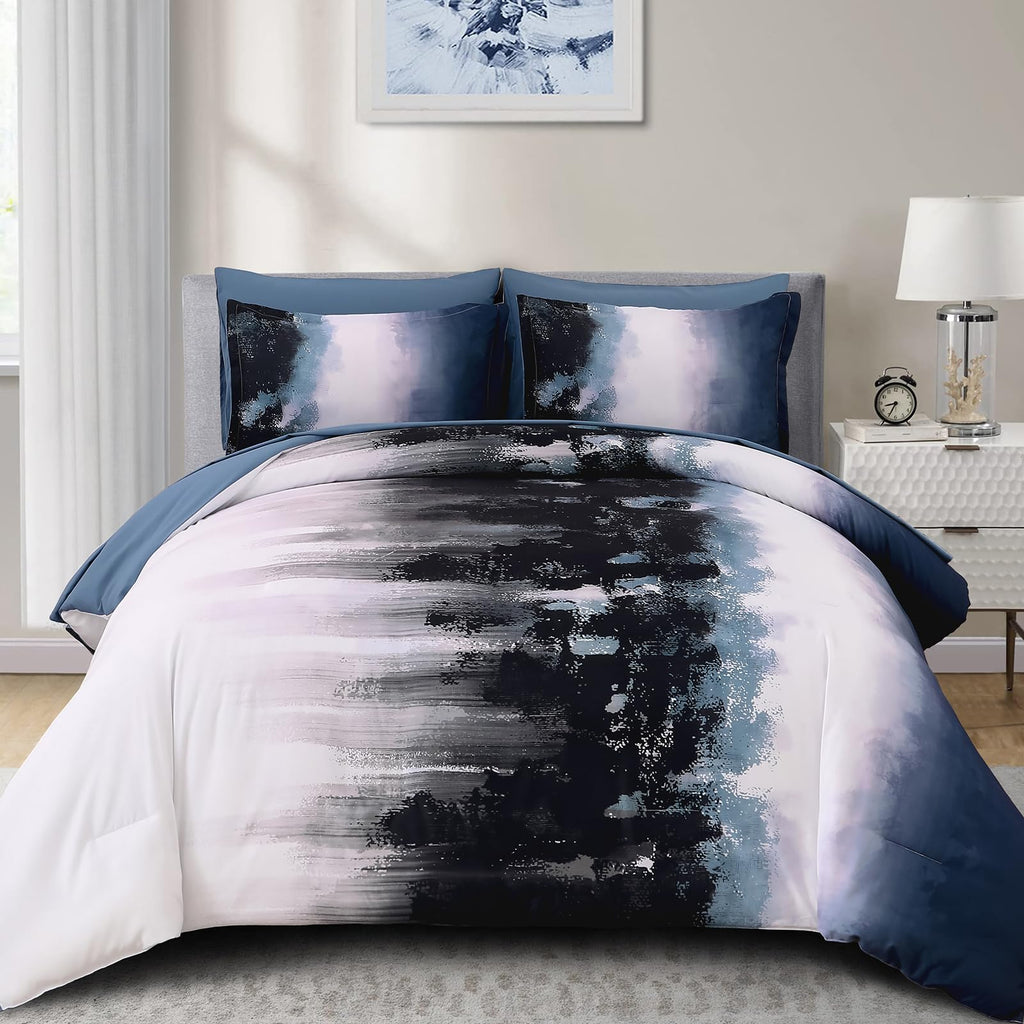 Ombre Blue Comforter Set Queen Size Gradient Navy Blue Black Boho Bedding Set for Teen Men Women 7 Pieces Bed in A