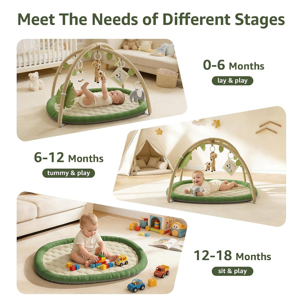 Play Gym, Baby Play Mat with 5 Detachable Toys, Green