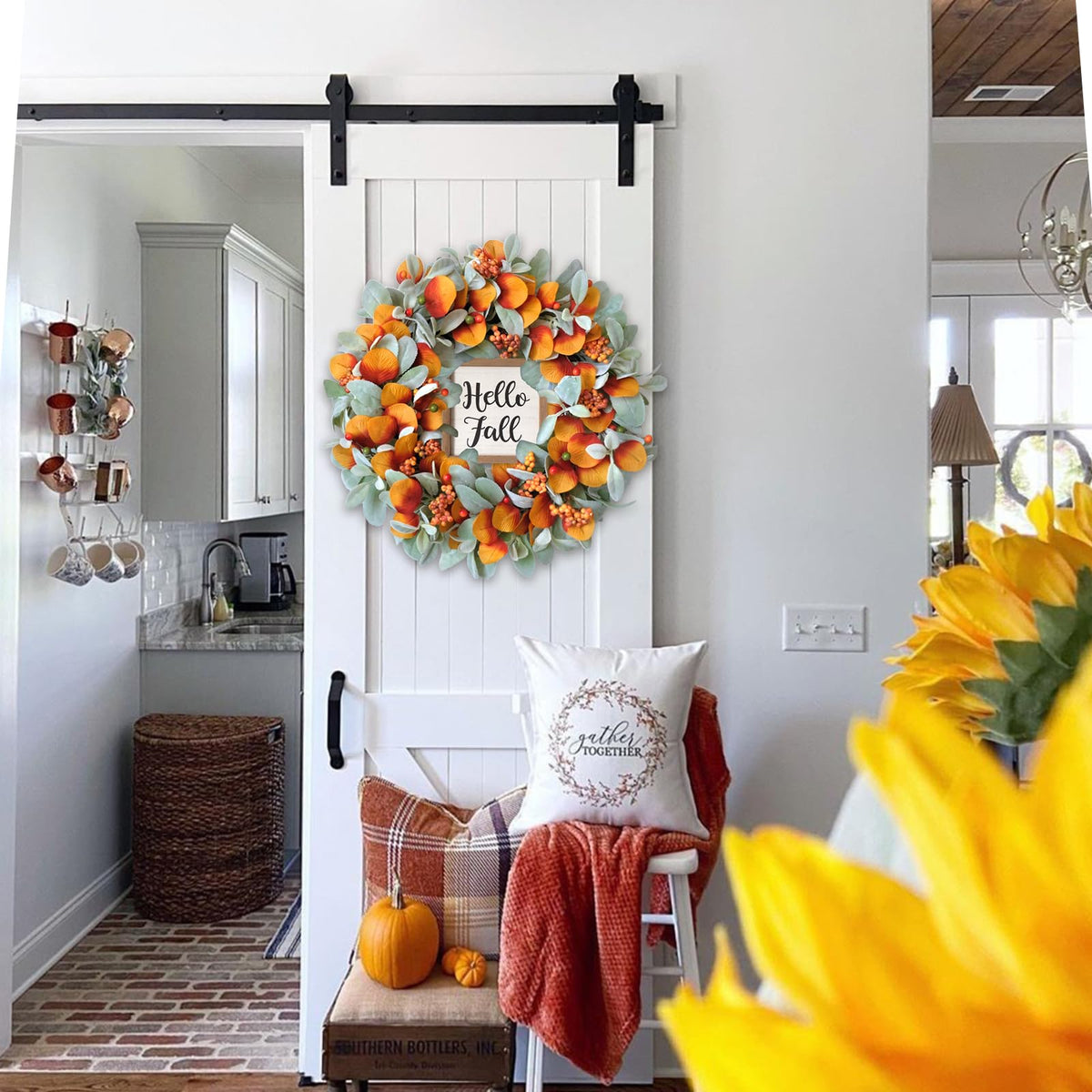 22 inch Fall Wreath for Front Door Artificial Autum Wreaths with Lamb's Leaves Eucalyptus Leaves Berries Wreath for