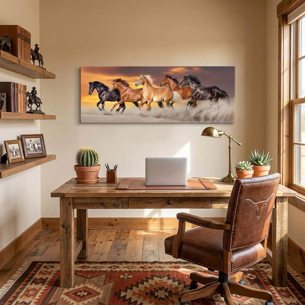 Large Size Canvas Prints Running Horse Herd Rungallop Desert Dust Against Dramatic Sky Panorama Wall Art Gallery