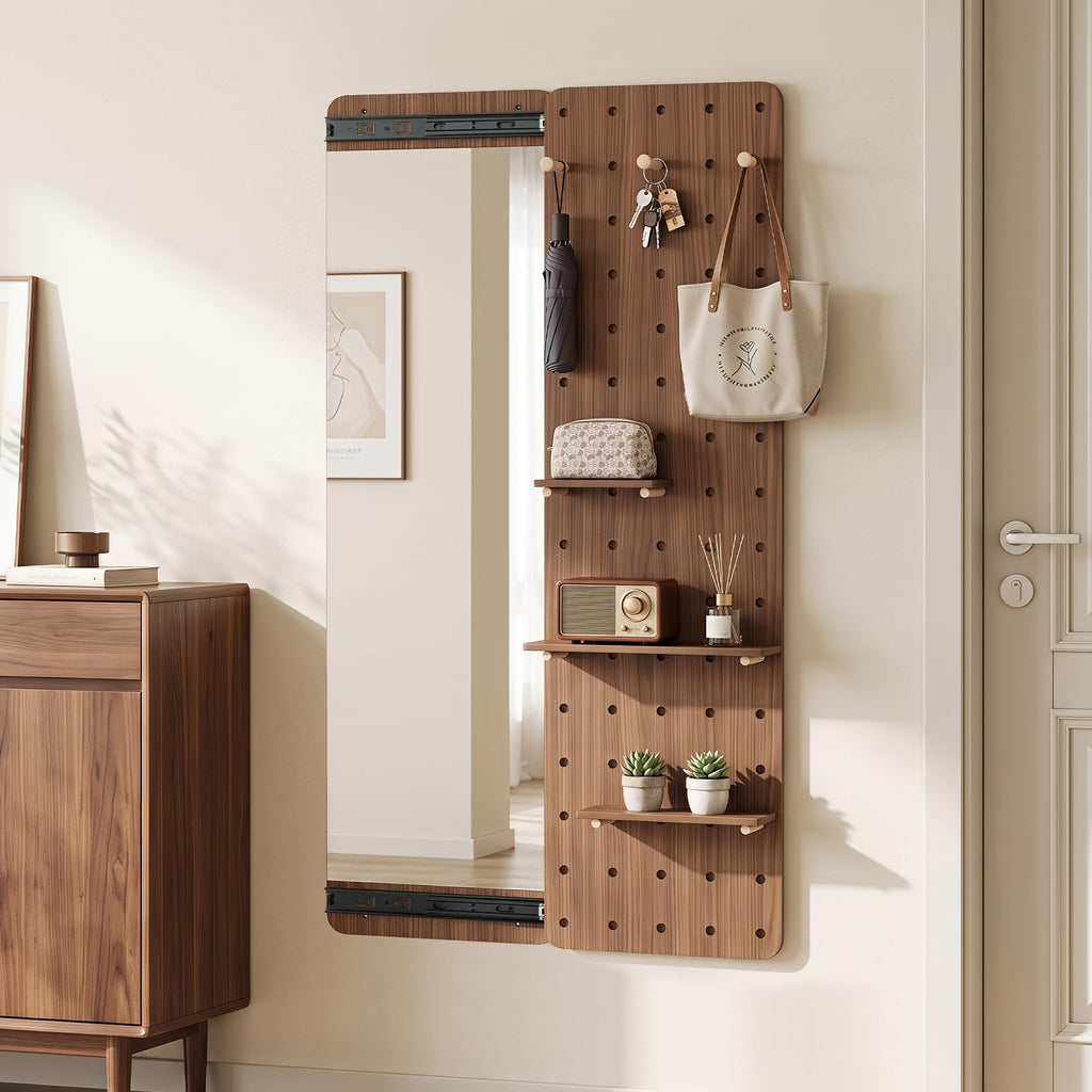 Full Length Mirror with A Pegboard, Shelf & Hooks for Storage,Walnut