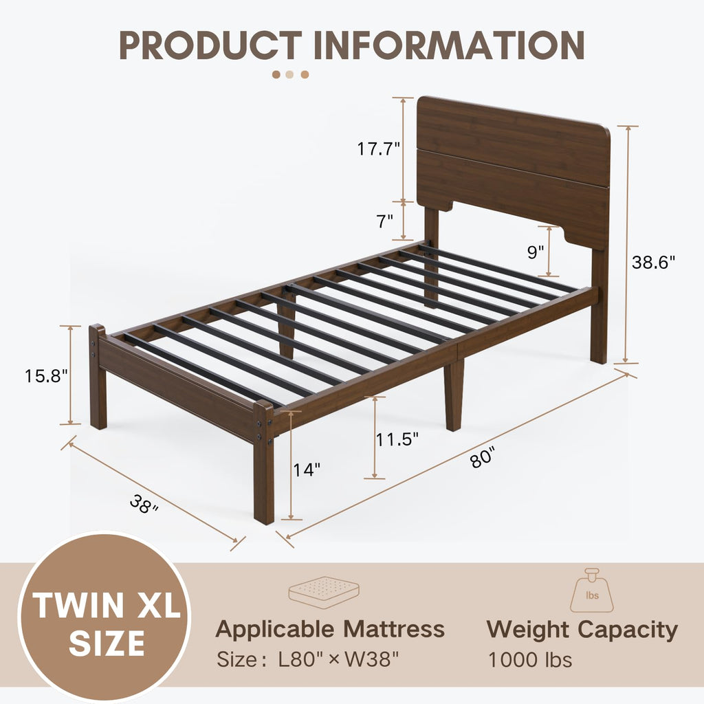 14" Solid Bamboo Wood Twin XL Platform Bed Frame with Headboard