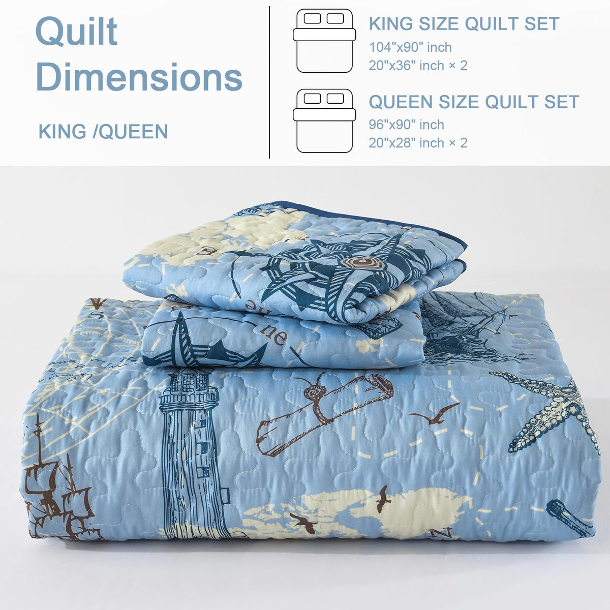 Ocean Coastal Quilt, 3 Pcs Beach Theme Bedspread Bedding Set