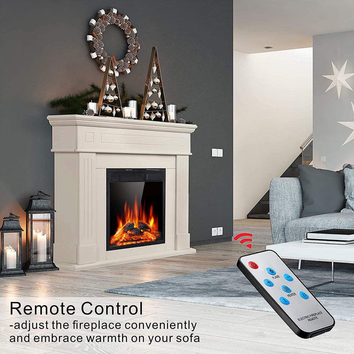 Electric Fireplace with Mantel Package Freestanding Fireplace Heater Corner Firebox with Log & Remote
