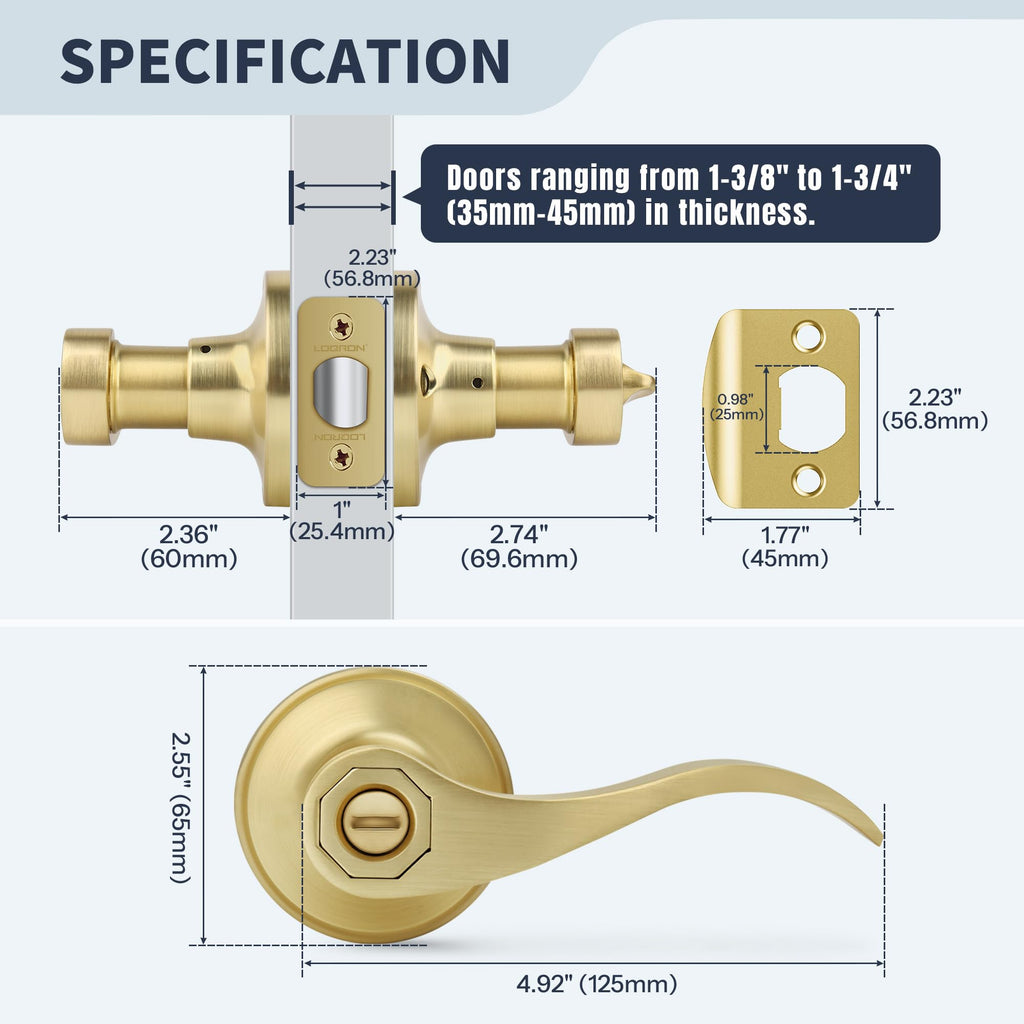 Privacy Wave Style Gold Door Handles (No Key) Interior and Interior Closet, Brushed Gold Door Lock with Reversible