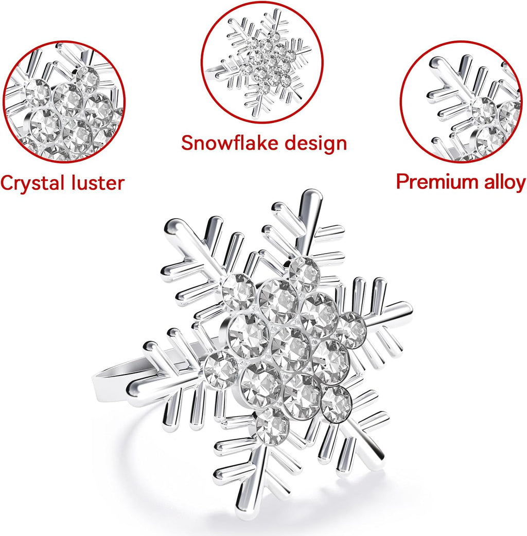 Christmas Silver Snowflake Napkin Rings, Napkins Ring for Dinning Table - Rustic Dinner Tables Decoration - Set of 12