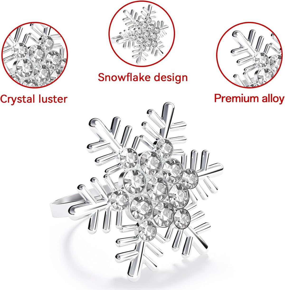 Christmas Silver Snowflake Napkin Rings, Napkins Ring for Dinning Table - Rustic Dinner Tables Decoration - Set of 12