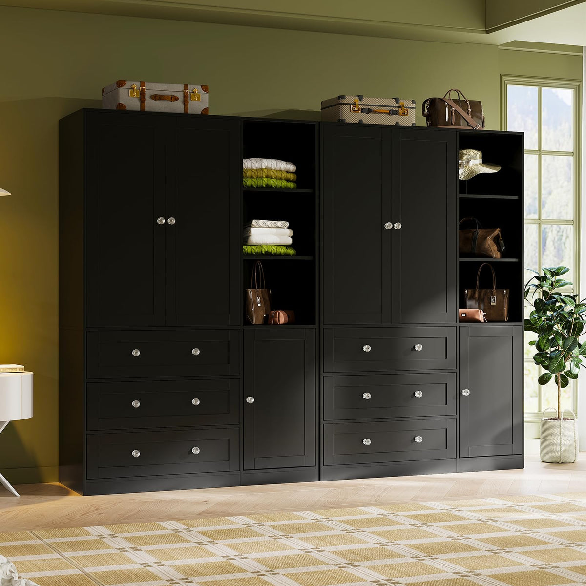71"H Armoire Wardrobe Closet with Mirror and Open Shelves (2, Black)
