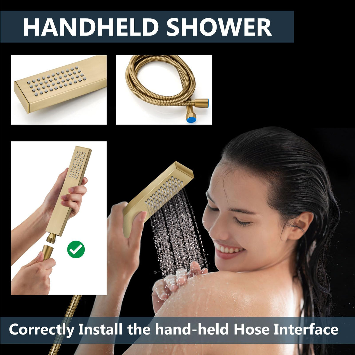 Ceiling Shower Faucet Set with Handheld 12" LED Head Brushed Gold