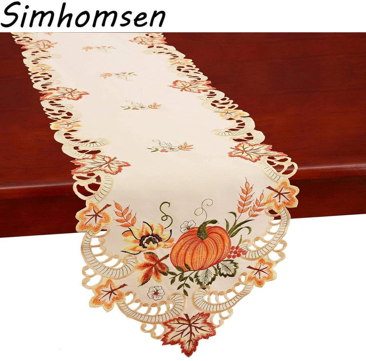 Thanksgiving Harvest Pumpkins Table Runners for Autumn Or Fall Decorations, Embroidery (14 × 90 Inches)