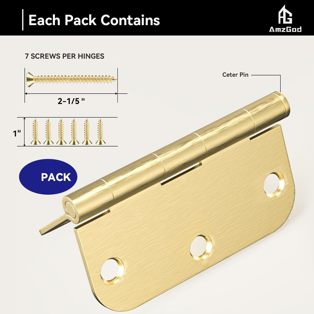 Door Hinges Satin Brass - 3 Pack Gold Door Hinges 3.5 Inch Rounded Interior Door Hinge with 1/4" Radius - 3 1/2