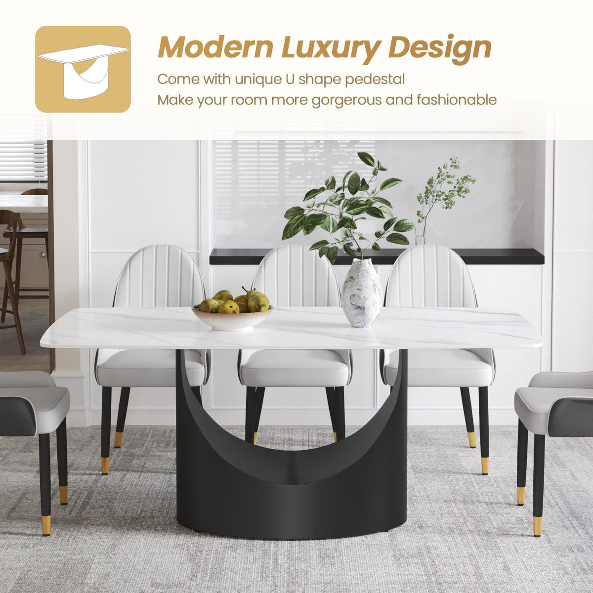 Modern Rectangle Marble Dining Table, 71" White Marble Sintered Stone Top Dining Table, Rectangle Dining Room Table