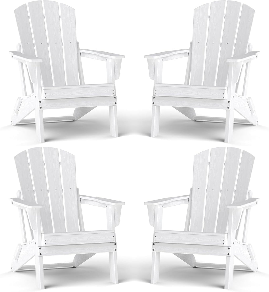 Lightweight Folding Adirondack Chair Set of 4, HDPE, White | Portable HDPE Patio Chair - 350lbs,Durable All-Weather