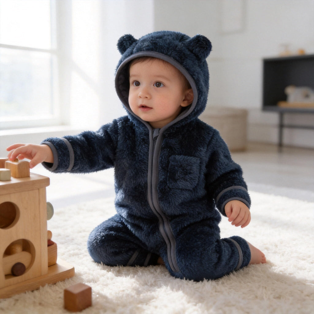 Newborn Baby Boys Girls Bear Hooded Fleece Snowsuit,Navy blue