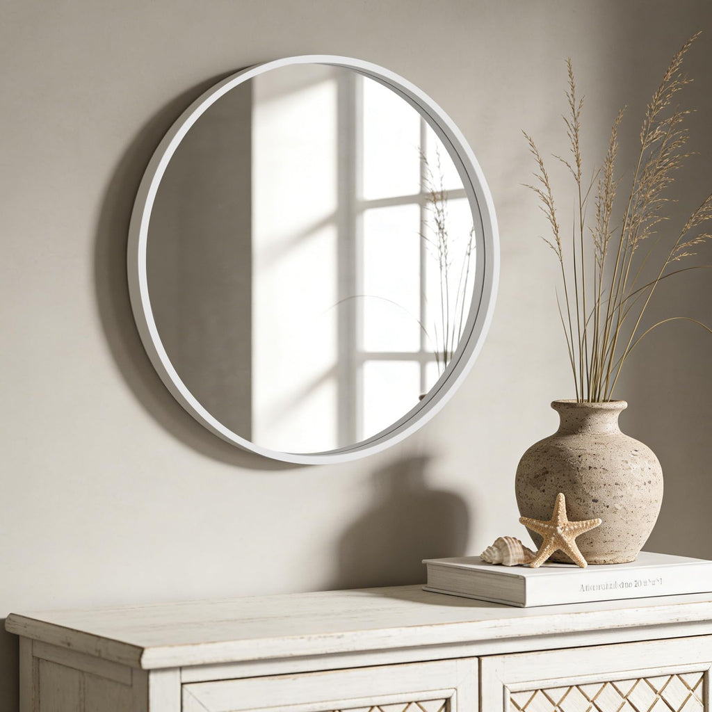Round Wood Mirror 24 inch Circle Wall Mirror Round Wall Mirror for Wall Decor, Vanity, Entryway Living Room (White)