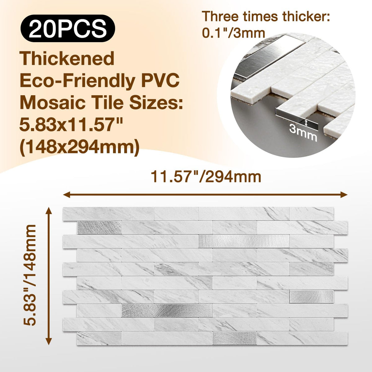Peel and Stick Backsplash Tile Waterproof Removable PVC Wall Sticker 3D Faux Stone Marble Brick White Accent Panels
