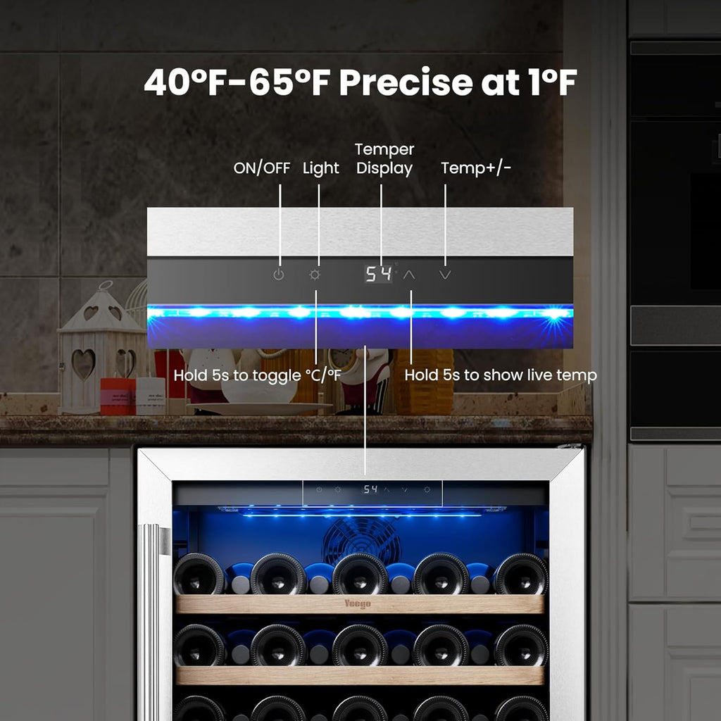 Wine Fridge Cooler - 24 Inch Wine Fridge Hold 52 Bottles, 40-65°F Wine Refrigerator Glass Door, Built in, Freestanding Under Counter Fridge for Beer Soda Drink Home Bar Office(5.12 Cu.ft)