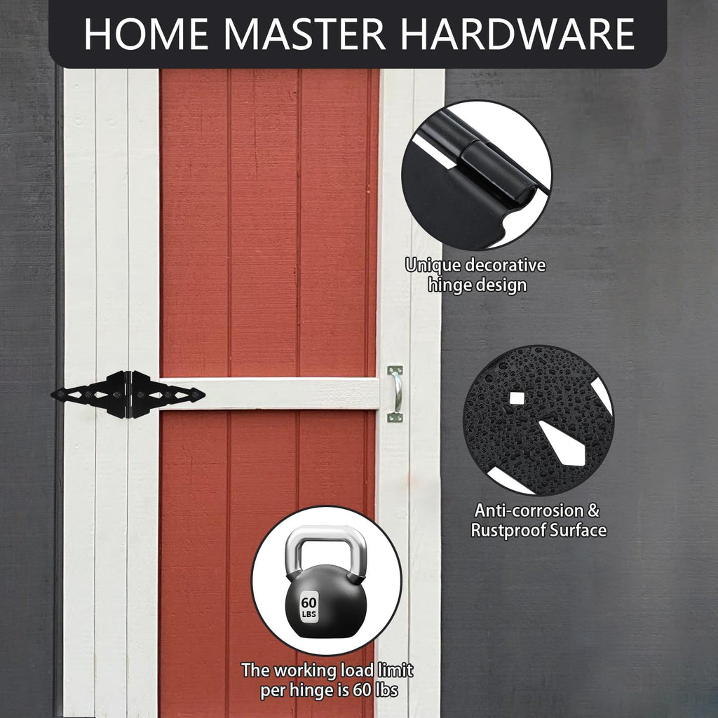 8" Heavy Duty Gate Hinges, 6 Pack Strap Hinges, Black