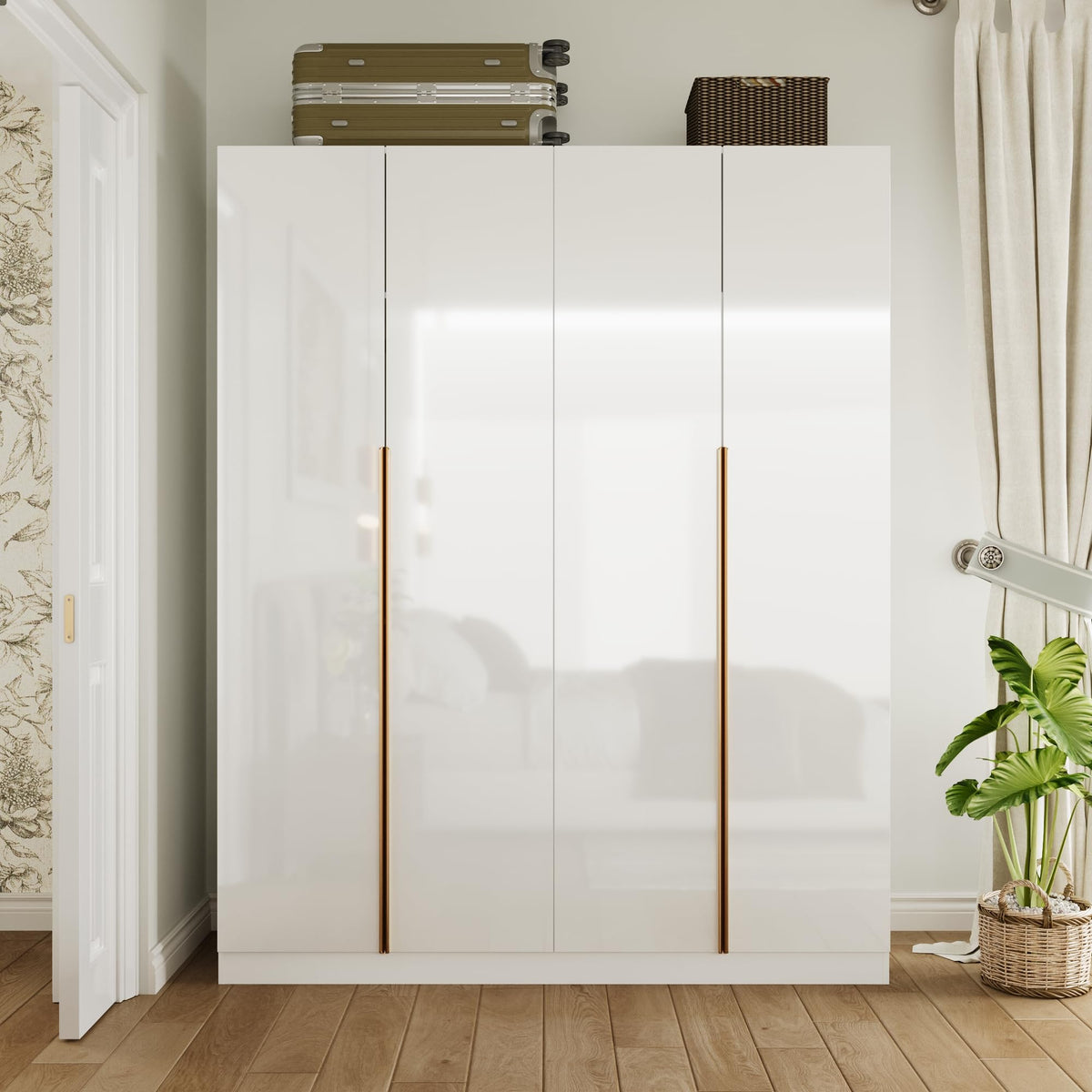 63" W Wardrobe Closet Armoire with 4 Glossy Doors, Wooden Bedroom Clothing Storage Cabinet with 3 Hanging Rods & 10