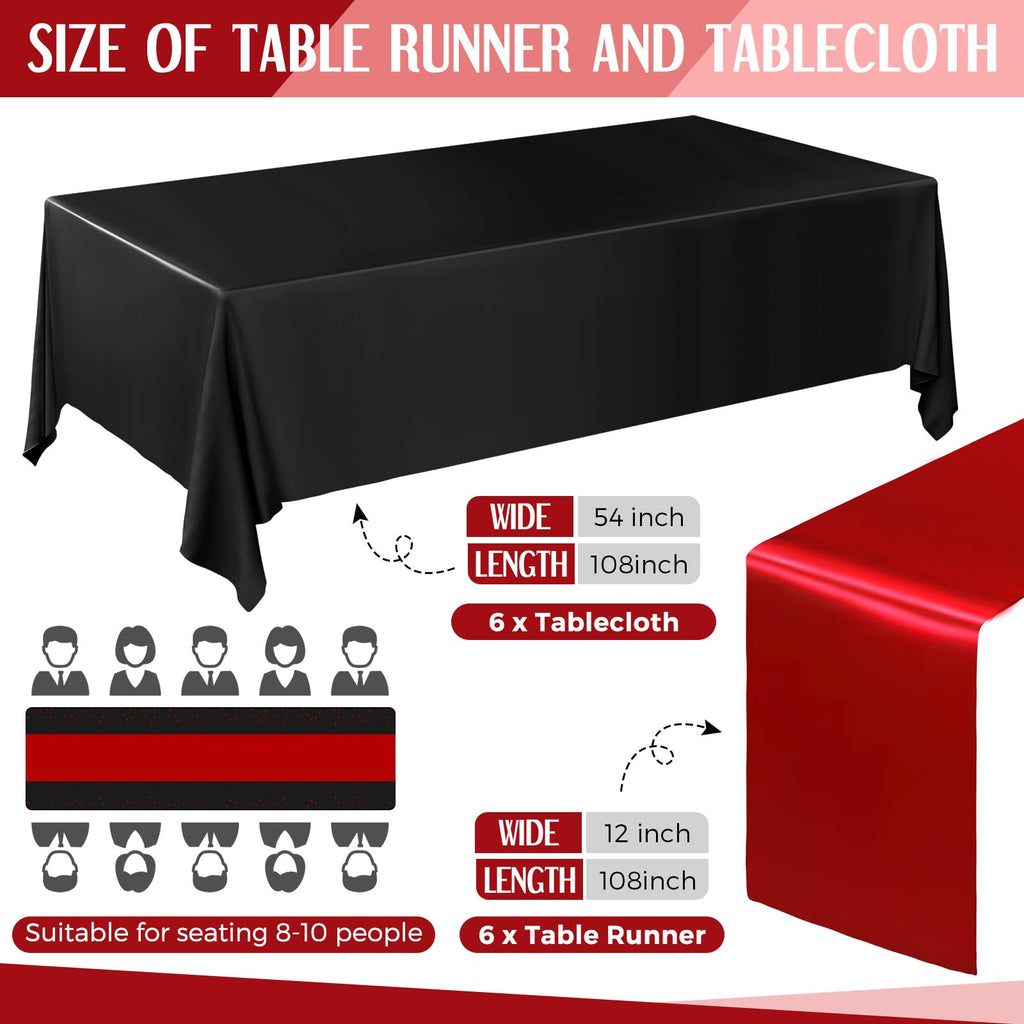 12 Pcs Black and Red Disposable Plastic Tablecloths and Satin Table Runner Set, 54 x 108 Inch Tablecloth, 12 x 108