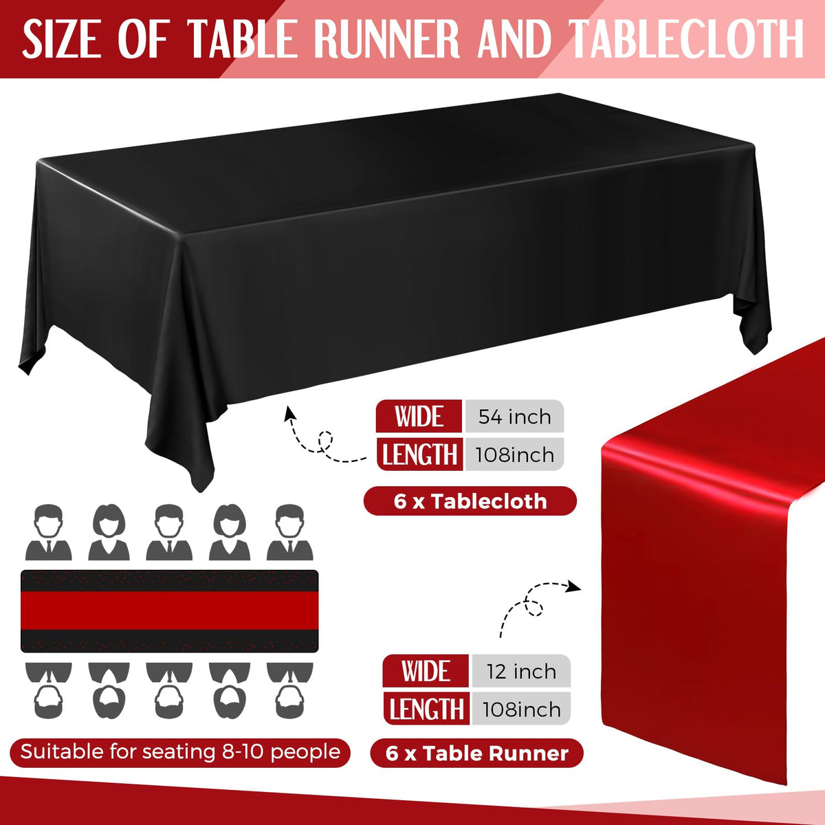 12 Pcs Black and Red Disposable Plastic Tablecloths and Satin Table Runner Set, 54 x 108 Inch Tablecloth, 12 x 108