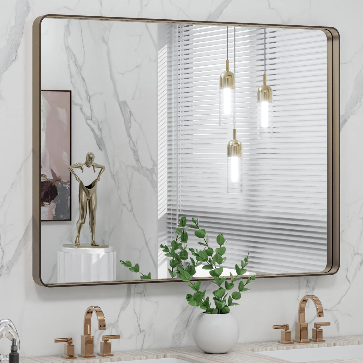 40"X30" Bronze Bathroom Mirrors for Vanity, Rounded Rectangle Brushed Bronze Metal Frame Mirror, Anti-Rust, Tempered