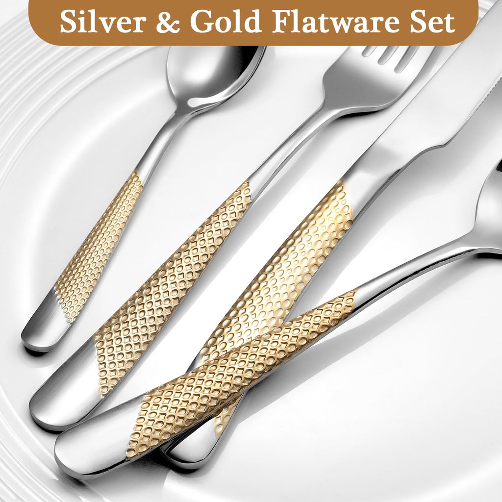 24 Piece Gold Hammered Silverware Set for 6, Premium Food-grade Stainless Steel Flatware Set, Luxury Design & Mirror
