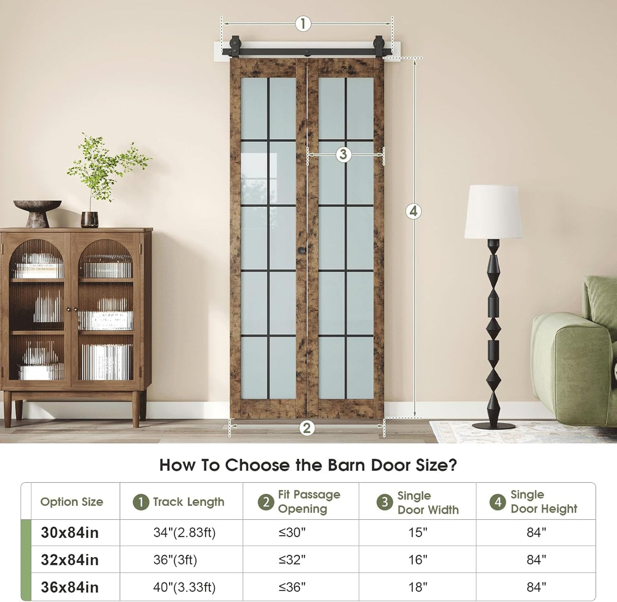 Preassembled Bifold Barn Door 30 x 84 in (Double 15x84in) with Bi-fold Door Hardware Kit, Frosted Glass Cross